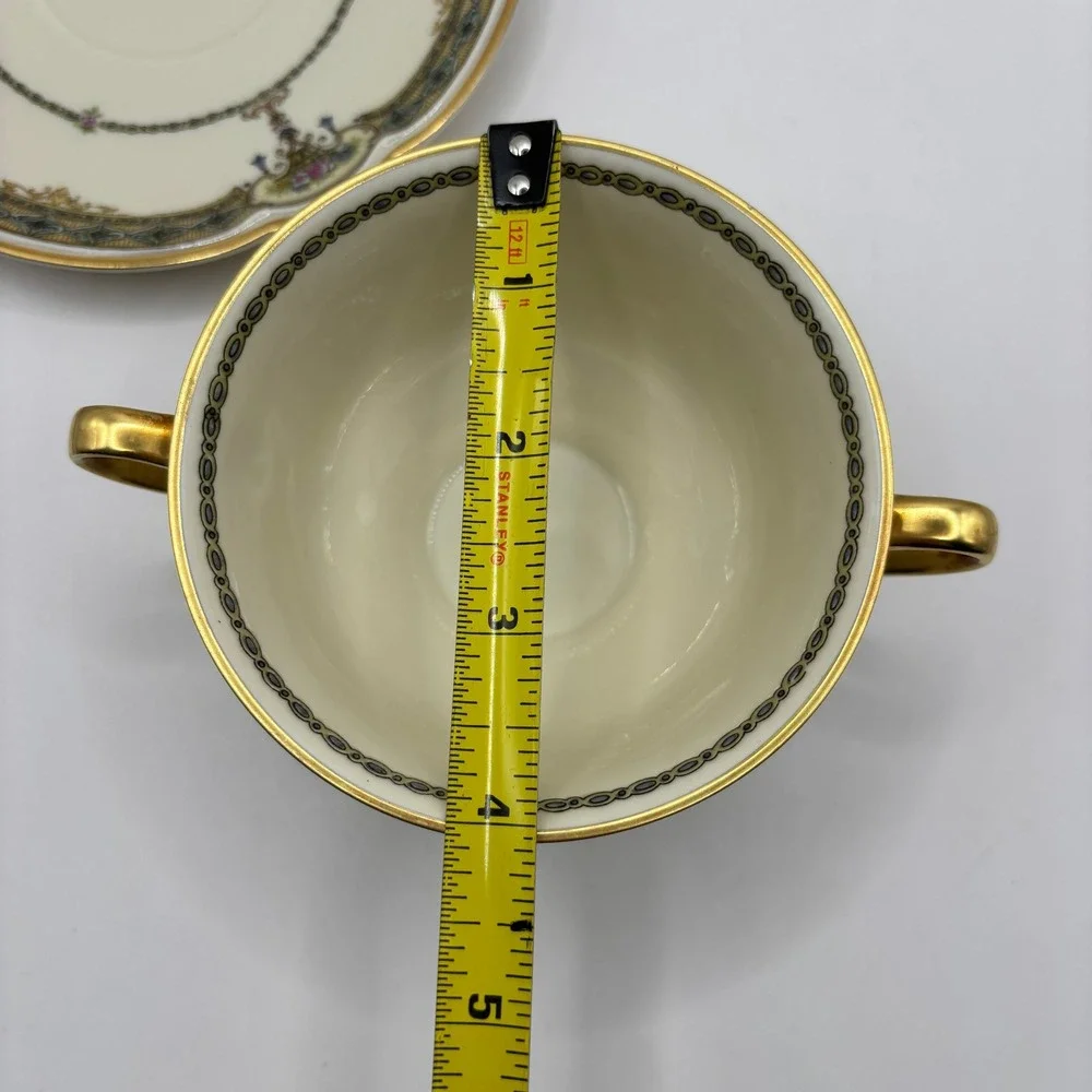 Vtg Black Knight Selb Bavaria Cream Soup Bowl and Saucer Set Floral Gold Gilt 30
